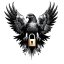 hawk with wings outspread with a lock in the center of its chest  tattoo design idea