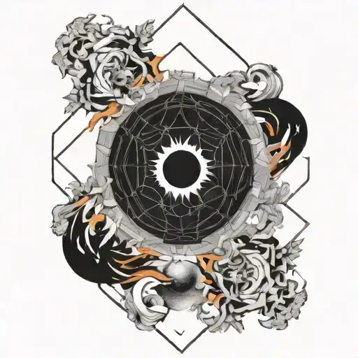 Michelangelo's The Creation of Adam surrounded by a total solar eclipse of flames tattoo design idea