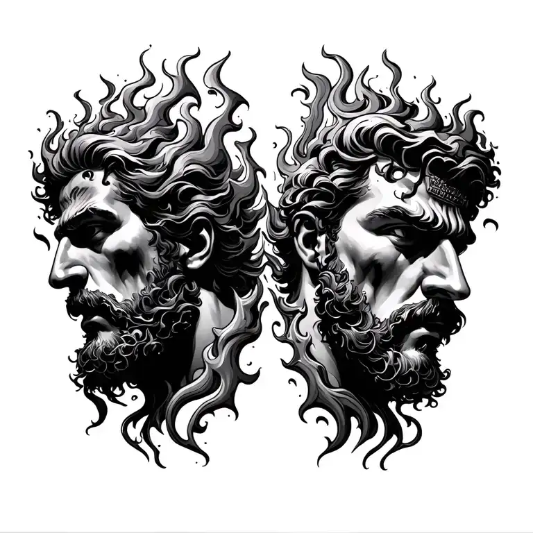 Hades and Poseidon back-to-back, flames and ocean waves clashing in mirrored fury across the chest tattoo design idea