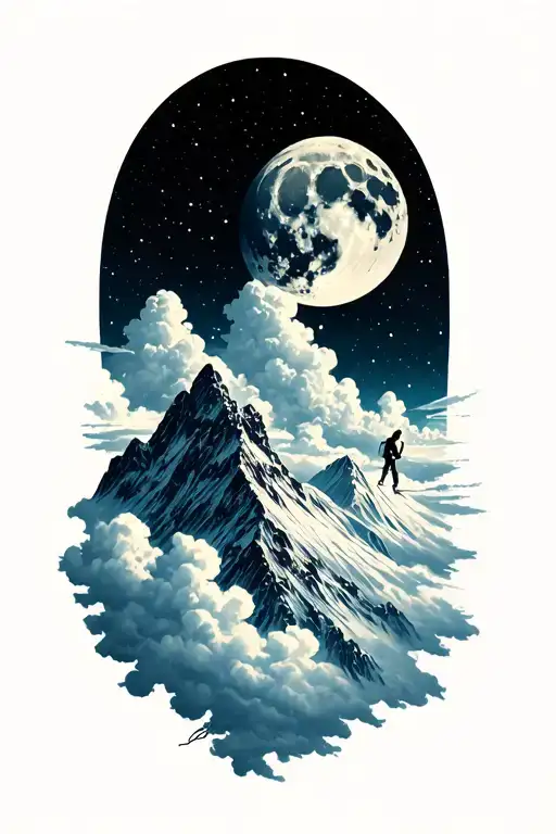 "करुणा" mountain and moon above clouds. small climber reaching tattoo design idea