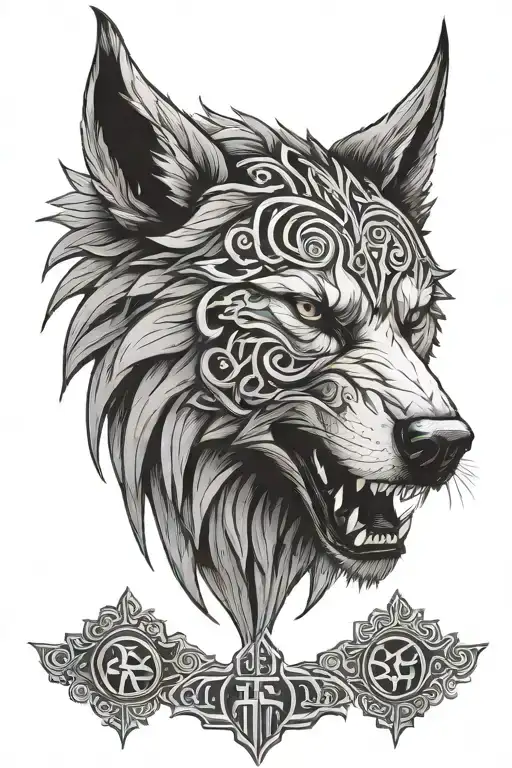 fenrir head, nordic runes, lines around it tattoo design idea