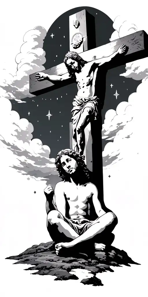 kid sitting alone clouds above and around stars in the sky jesus in the distance crucifix pitched  tattoo design idea