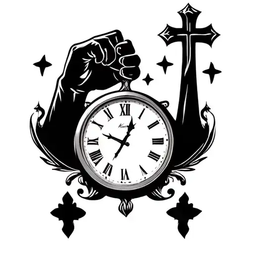 clock with cross and son fist bumping tattoo design idea