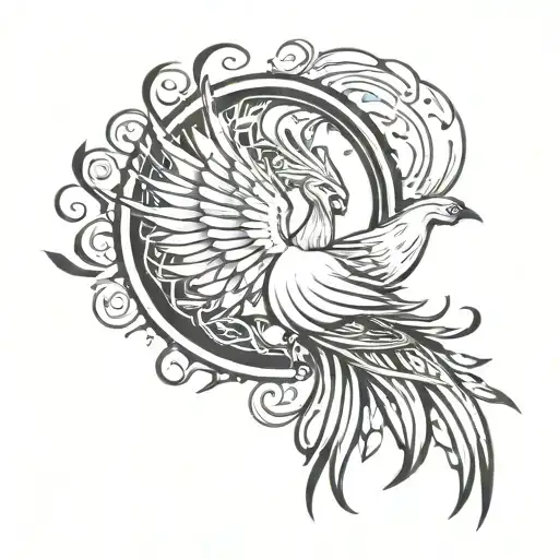 Rising Phoenix bird with peacocks tail black n white tattoo outline  tattoo design idea