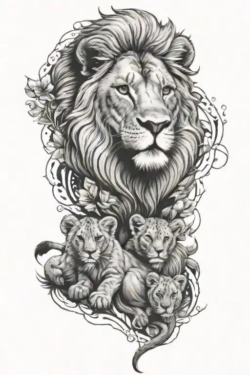 stormry night Skye with lion and 4 baby cubs.  tattoo design idea
