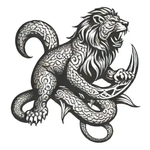 lion roaring with a snake wrapped around it and a starfish tattoo design idea
