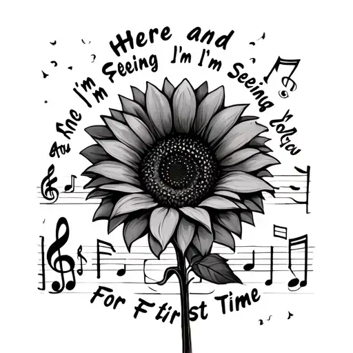 a sunflower and musical notes with the text 'I'm Here and I'm Fine and I'm Seeing You For the First Time'  tattoo design idea