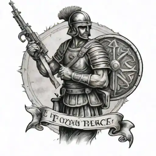 Roman soldier with phrase "if you want peace, prepare for war" tattoo design idea