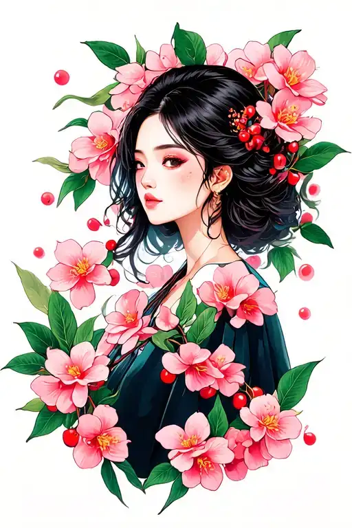 korean women cherry blosms tattoo design idea