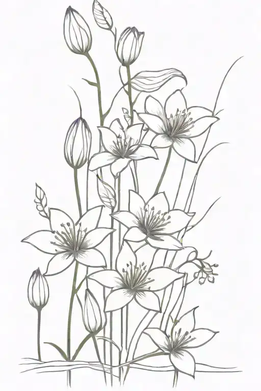 fine line tatto with waterlillys and violet flower bouquet with long stems as minimalist as possible tattoo design idea