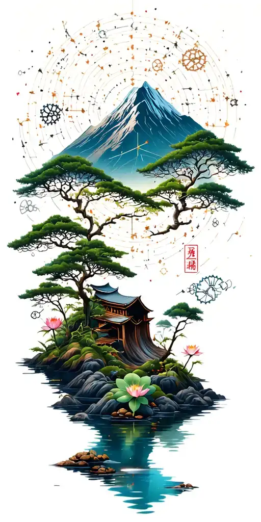 random constellation over Japanese landscape of mountain,trees,water,bamboo,scattered lotuses,and wood mechanical gears. tattoo design idea