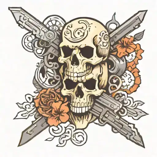 skull and pistols crossing each other tattoo design idea