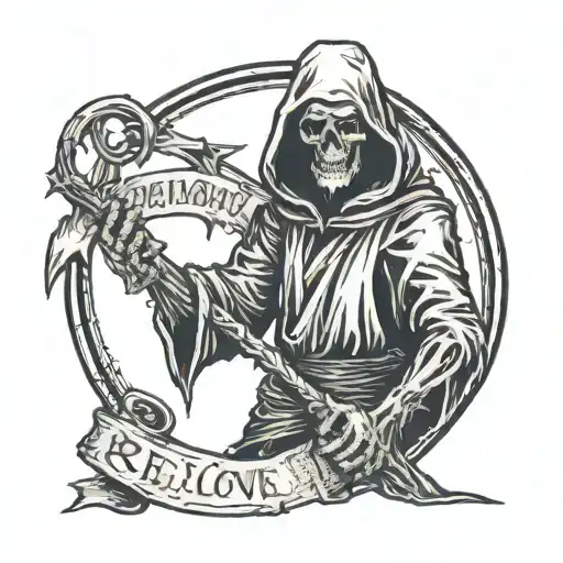 Grim reaper holding a sickle in circle of souls with text belove "memento mori" tattoo design idea