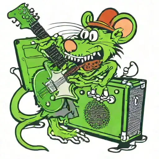 rat fink playing guitar in front of a green guitar amp tattoo design idea