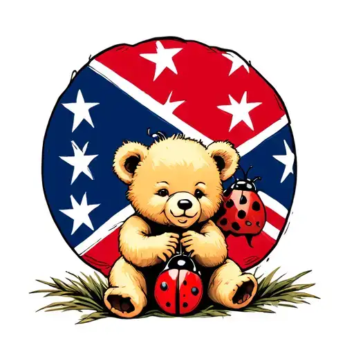 baby blonde bear playing with a ladybug sitting on a confederate flag  tattoo design idea