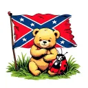 baby blonde bear playing with a ladybug sitting on a confederate flag  tattoo design idea