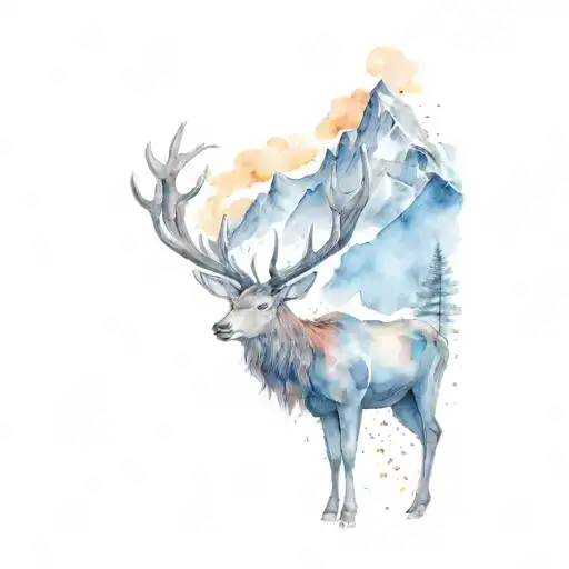 Scottish Stag and mountain peak surrounded tattoo design idea