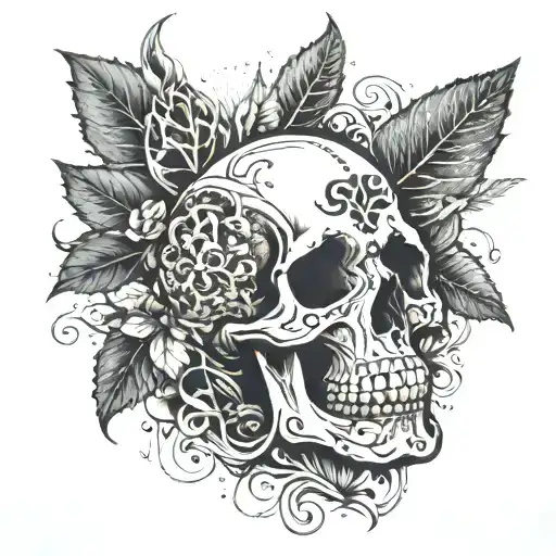 A tattoo design featuring a skull adorned with intricate patterns inspired by poisonous plants like hemlock and mandrake, with a lava lamp casting an eerie glow over the scene tattoo design idea