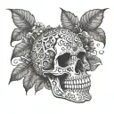 A tattoo design featuring a skull adorned with intricate patterns inspired by poisonous plants like hemlock and mandrake, with a lava lamp casting an eerie glow over the scene tattoo design idea