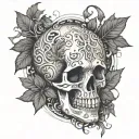 A tattoo design featuring a skull adorned with intricate patterns inspired by poisonous plants like hemlock and mandrake, with a lava lamp casting an eerie glow over the scene tattoo design idea
