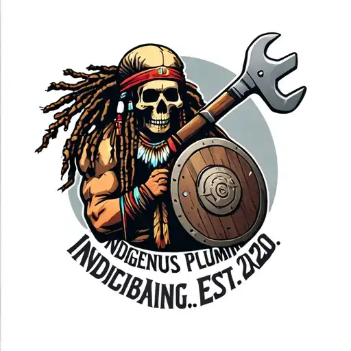 "INDIGENOUS PLUMBING EST.2020" skull dreadlock Native American warrior holding wrench with shield  tattoo design idea