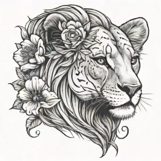 lioness face with features of a woman with long hair and anemone flowers tattoo design idea