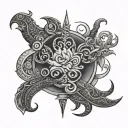 Create a tattoo based on Hindu and Viking designs. Include both writing and symboldesigns suitable for brown skin tones. tattoo design idea