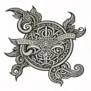 Create a tattoo based on Hindu and Viking designs. Include both writing and symboldesigns suitable for brown skin tones. tattoo design idea