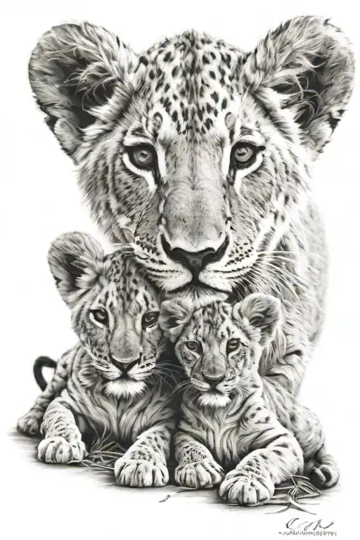 lion cubs and date of birth tattoo design idea