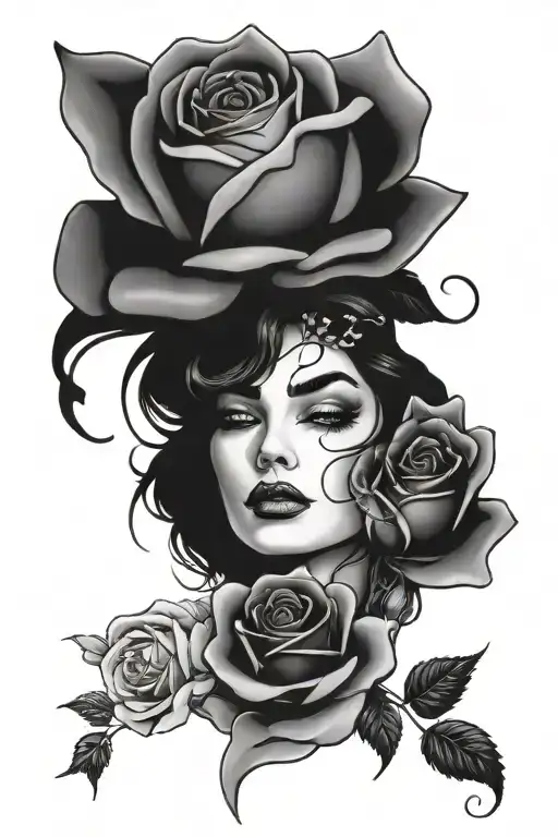 roses and woman face tattoo design idea