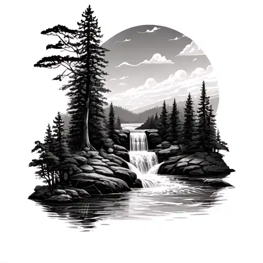 river with forest that ends in a waterfall  tattoo design idea