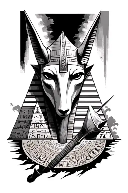 Anubis emerging with pyramides and Egyptian hieroglyphs wrapped tattoo design idea