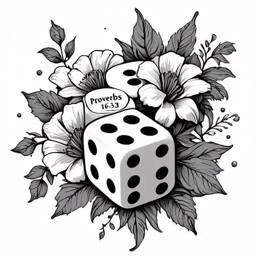 sleeve of dice, flowers, cardinals with "proverbs 16:33" in the middle tattoo design idea