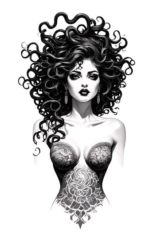 beautiful black woman Medusa curvy body full lips tattoo design idea