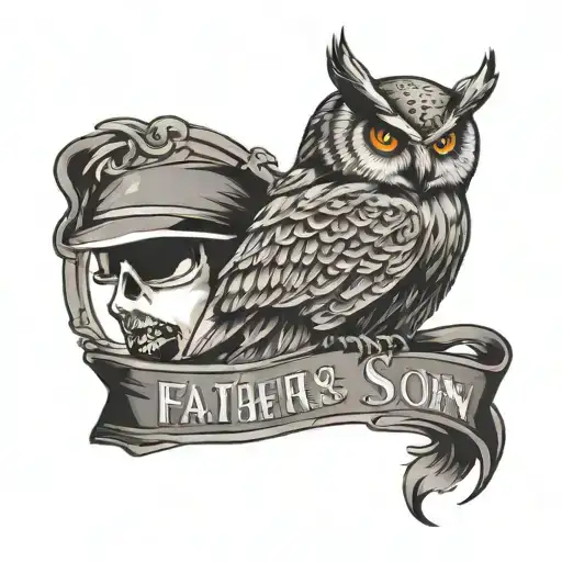 for I am my fathers son in banner with owl perched on broken skull  tattoo design idea