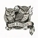 for I am my fathers son in banner with owl perched on broken skull  tattoo design idea