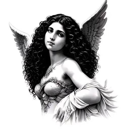 Latina curly hair guardian angel tattoo design idea