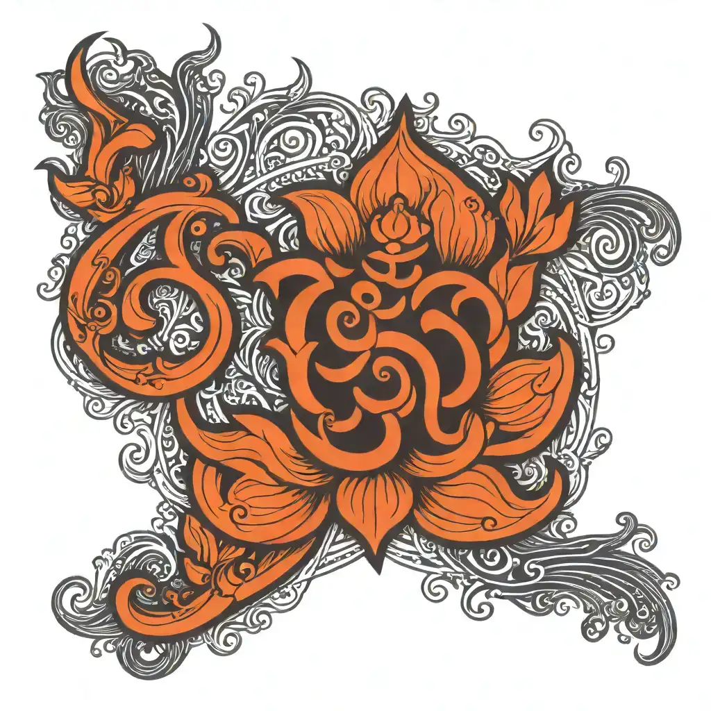 Design a spiritual hand tattoo featuring the 'Om' symbol at the center, using bold black ink. The design flows downward with elegant, curving lines and includes a stylized infinity loop beneath the 'Om' symbol. Three small dots are placed below the design, creating a balanced and symmetrical composition. The tattoo is placed on the side of the hand, extending from the base of the thumb toward the wrist. The overall look is spiritual and minimalist, with a focus on clean, flowing lines and symbolic elements representing peace and continuity. tattoo design idea