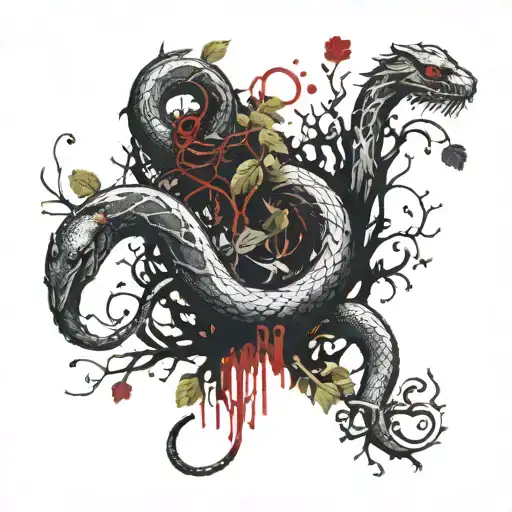 The satan that fools adam and eve in form of an snake that twist around an apple tree. tattoo design idea