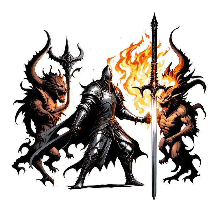 knight fighting demons with a flaming sword tattoo design idea