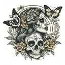 day of dead girl with part of skull face, butterflies, flowers, moon, compass tattoo design idea
