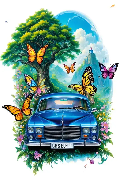 landscape of an enchanted kingdom containing fairies, butterflies and a blue escort car in the middle tattoo design idea