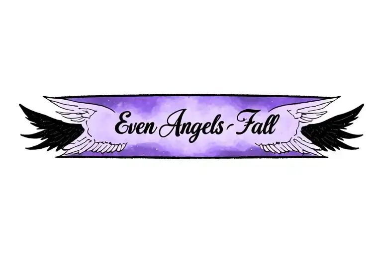bracelet-style tattoo around wrist. Text ‘Even Angels Fall’ in lilac fading to black with black angel wings tattoo design idea