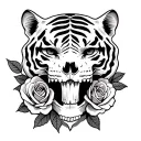 half a tiger skull with roses intertwined within tattoo design idea