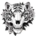 half a tiger skull with roses intertwined within tattoo design idea