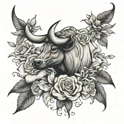 bull head roses and Lillie's intertwined and feathers tattoo design idea