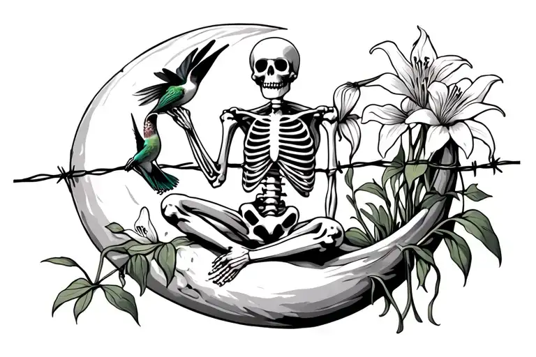 skeleton sitting on half moon holding a hummingbird and lilies growing on barbed wire tattoo design idea
