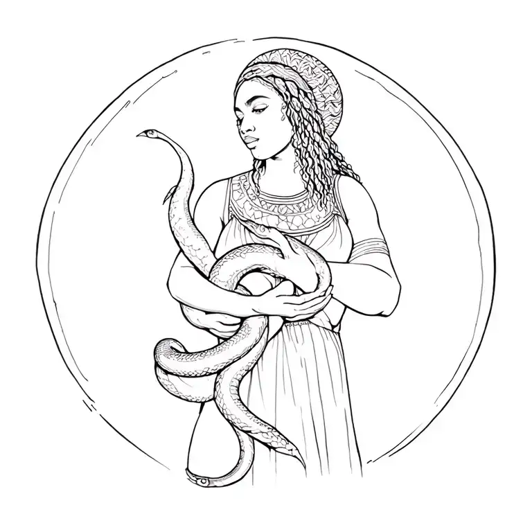 Can u make a tattoo design about Santa Marta la dominadora She a Afro- Caribbean woman holding a snake n her hands Can u tattoo design idea