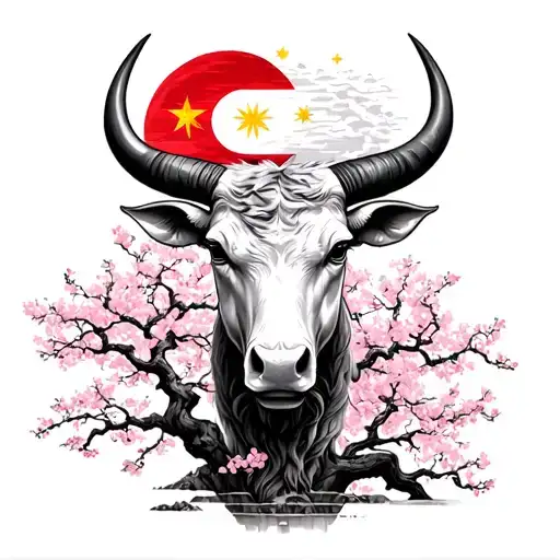 taurus with Philippines and japanese flag temples and shrines cherry blossom tree  tattoo design idea