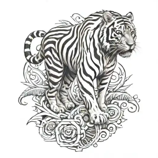 biomechanical Polynesian tiger tattoo on calf muscle colored tattoo design idea